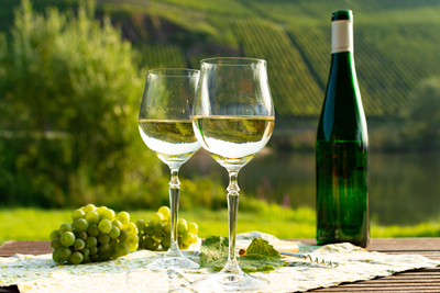 2 Weingläser,1 Flasche Wein auf einem Tisch mit Blick auf die schöne Pfalz